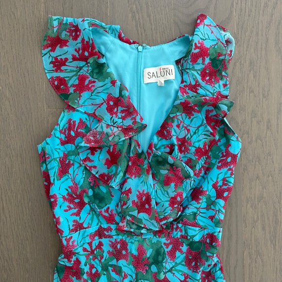 SALONI Rita Silk Maxi Dress Teal Blue Aquarium Floral Ruffle Sleeveless - US 2 - Picture 5 of 12
